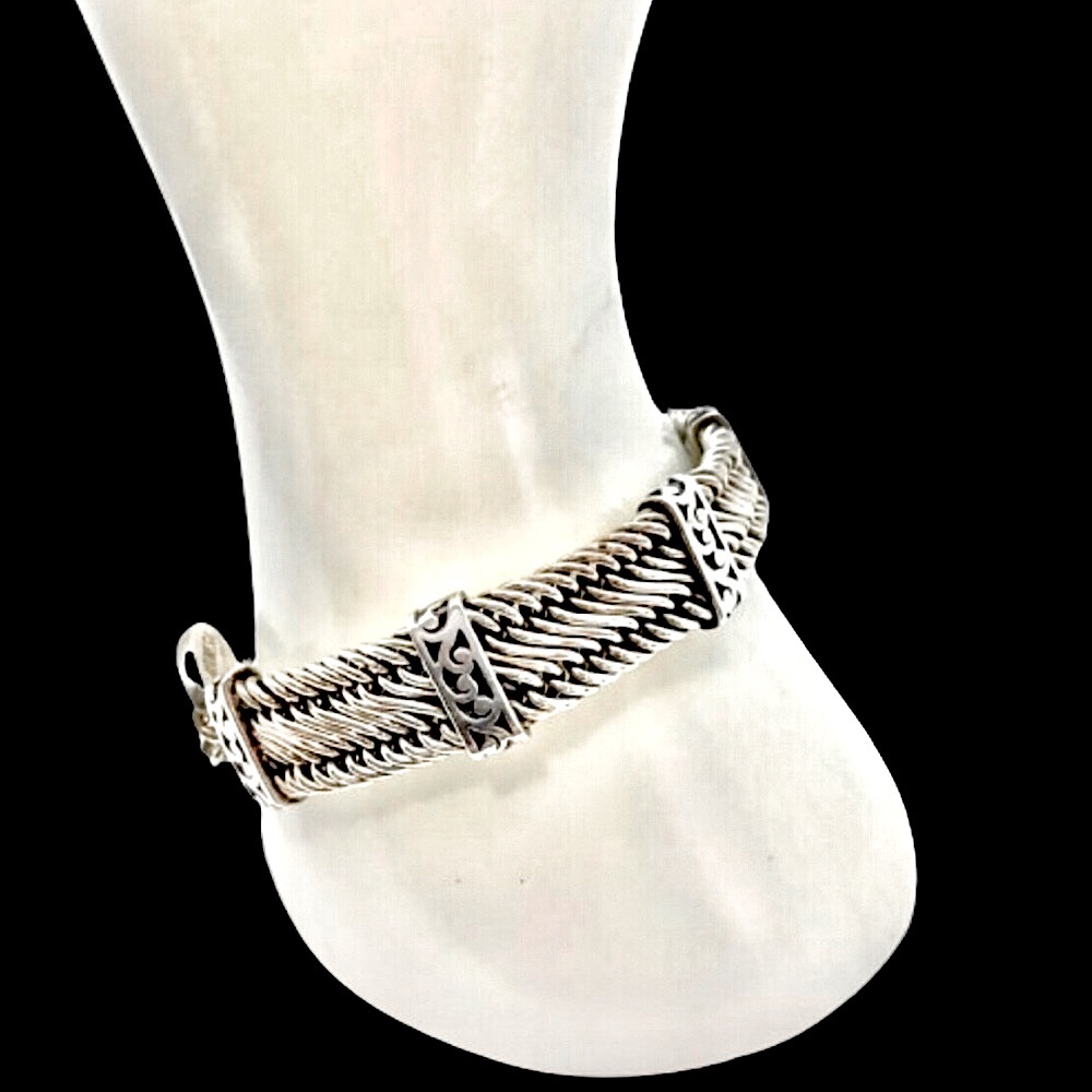 LOIS HILL Sterling Silver Woven Bracelet w Cut Out Stations & Lobster Claw Clasp